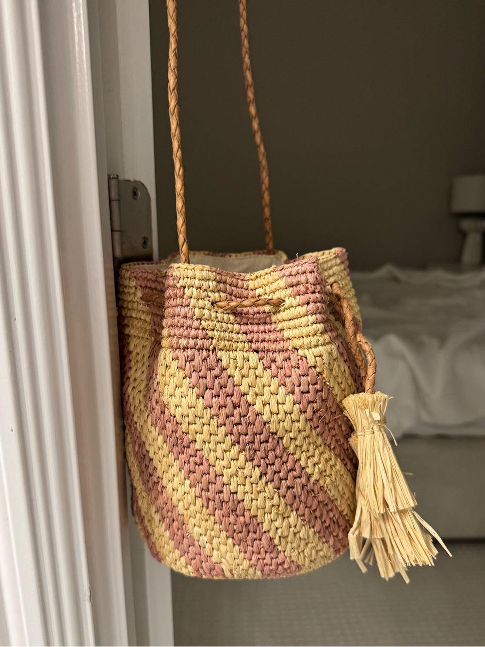 Mar Y Sol raffia bucket bag pink and neutral tan leather strap new with tags
